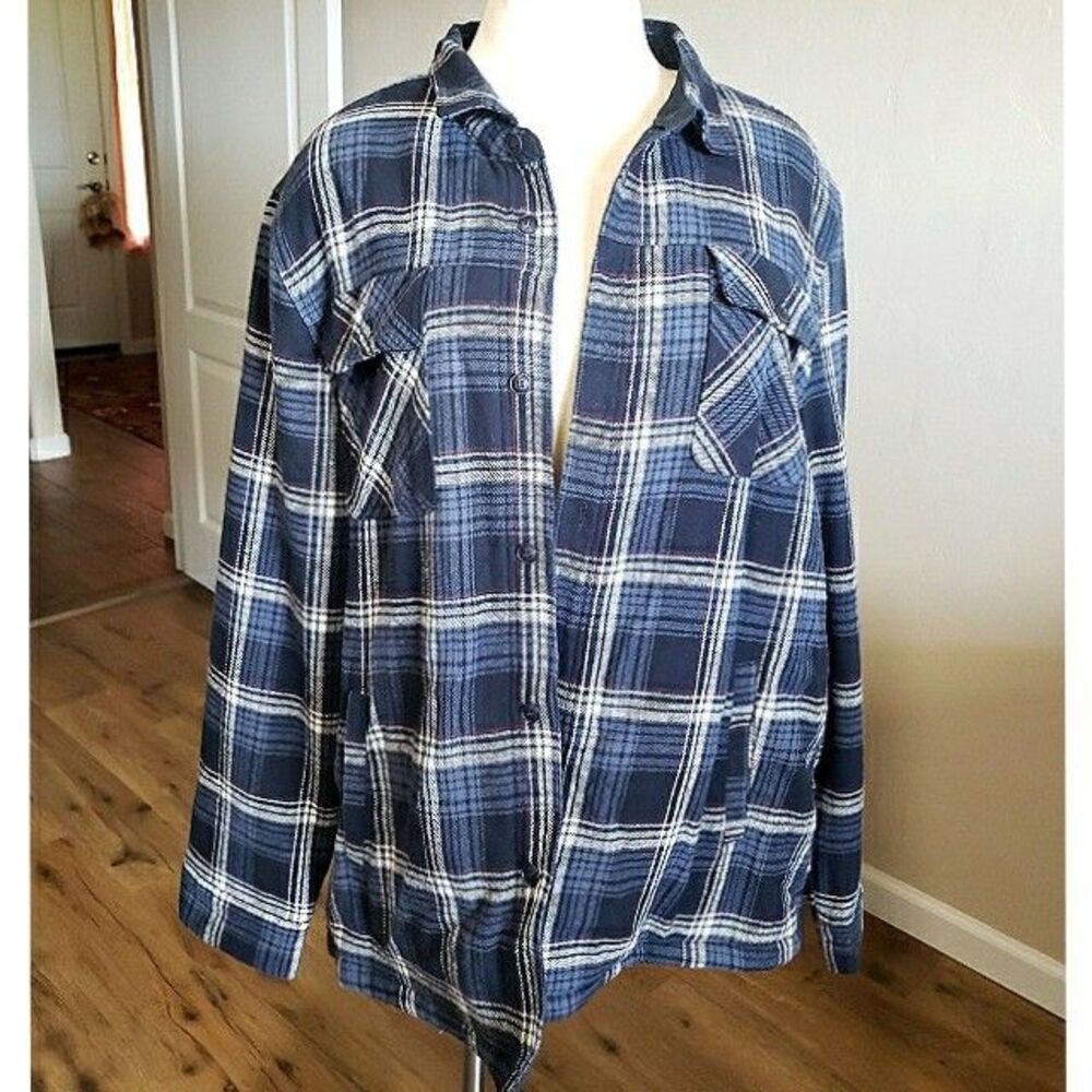 Frye & Co Shacket Plaid Flannel Sherpa Lined Thick Men's Sz XXL Blue White Shirt